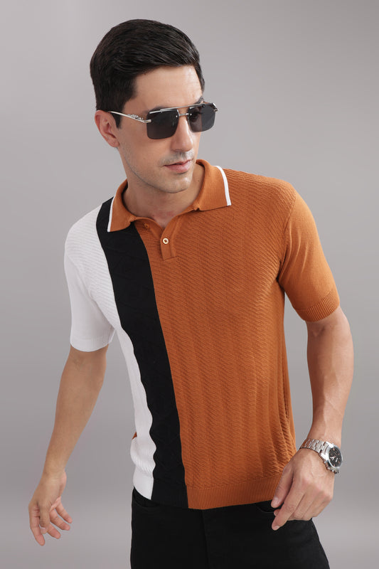 Premium Cotton Men’s Colour-Block Knitted Polo T-Shirt – Rust, Black & White
