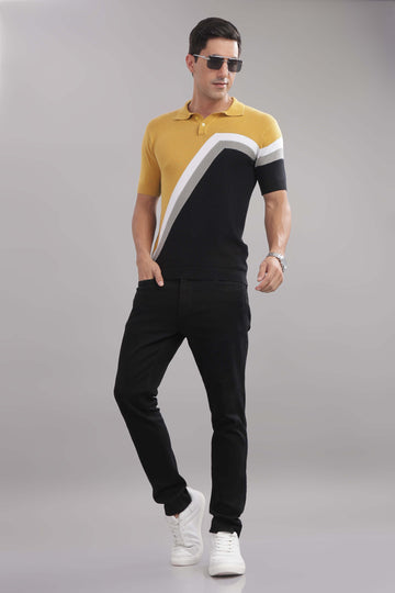 Premium Cotton Men’s Stylish Colour-Block Knitted Polo T-Shirt – Mustard, Black & Grey