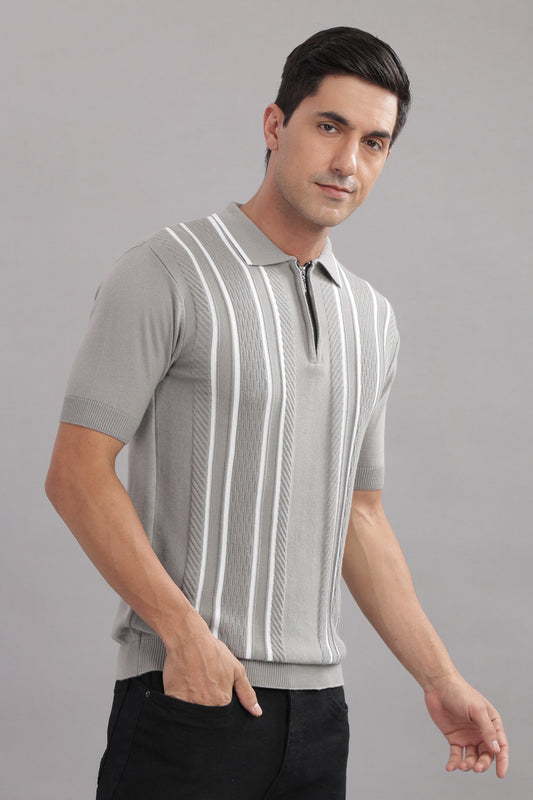 Premium Cotton Stylish Grey Striped Flat Knit T-Shirt