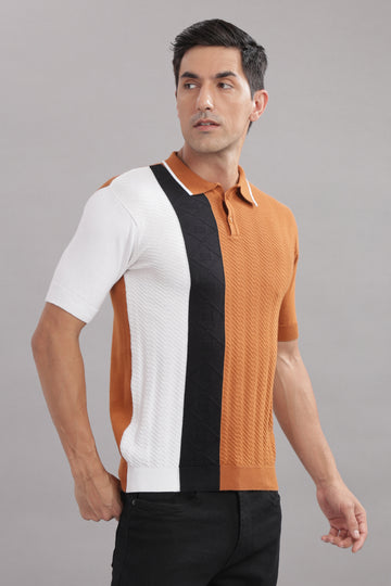 Premium Cotton Men’s Colour-Block Knitted Polo T-Shirt – Rust, Black & White