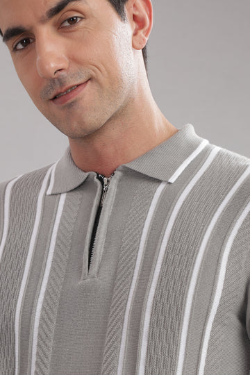 Premium Cotton Stylish Grey Striped Flat Knit T-Shirt