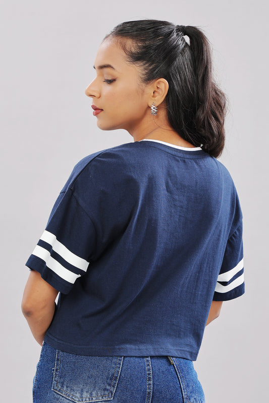 Outlaws Print Extended Sleeves Cotton Blue Boxy Top