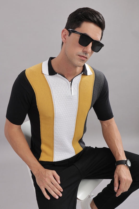 Premium Cotton Men’s Cotton Colorblock Polo T-shirt with Zip Neck – Smart Casual Wear