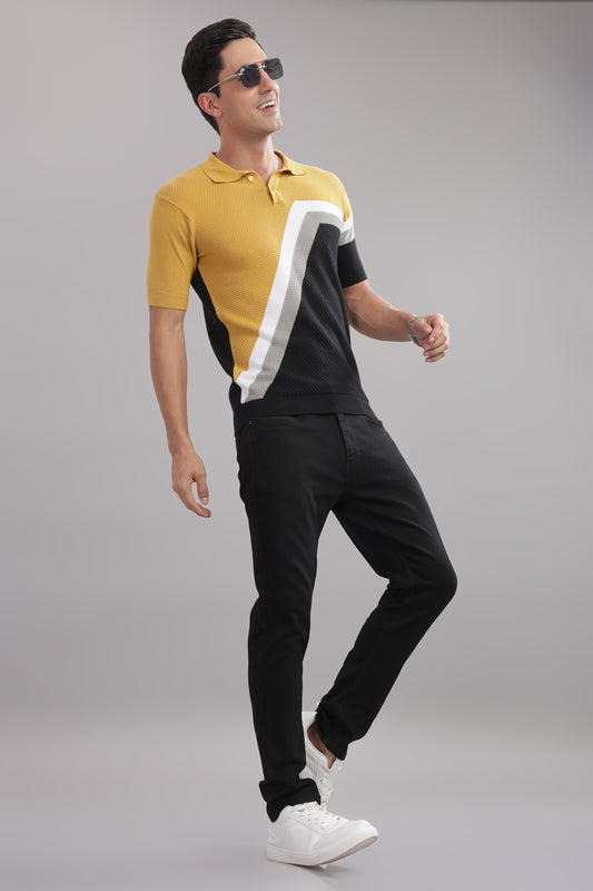 Premium Cotton Men’s Stylish Colour-Block Knitted Polo T-Shirt – Mustard, Black & Grey