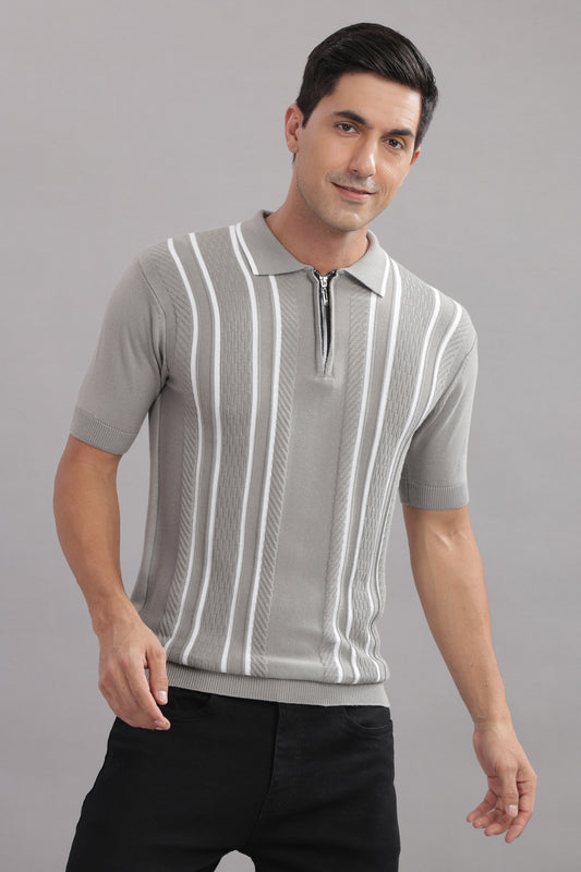 Premium Cotton Stylish Grey Striped Flat Knit T-Shirt
