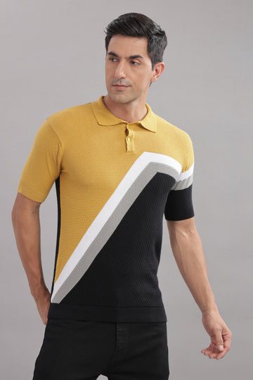 Premium Cotton Men’s Stylish Colour-Block Knitted Polo T-Shirt – Mustard, Black & Grey