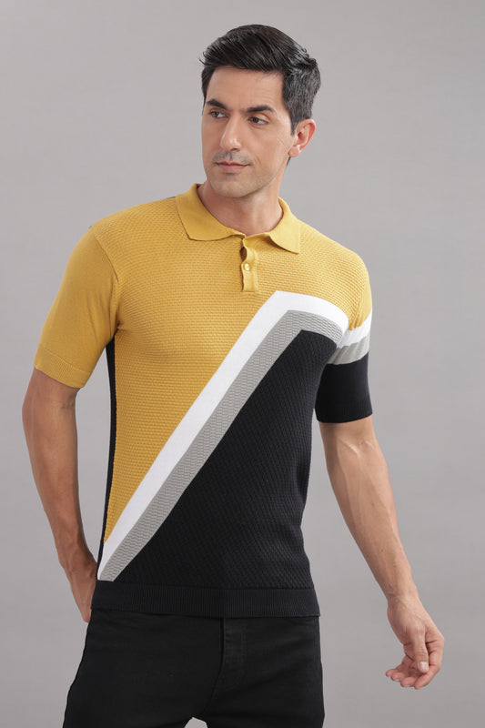 Premium Cotton Men’s Stylish Colour-Block Knitted Polo T-Shirt – Mustard, Black & Grey
