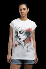 Outlaws Women Artistic Printed T Shirt - Abstract Face Graphic White Tee