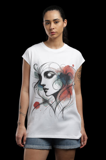 Outlaws Women Artistic Printed T Shirt - Abstract Face Graphic White Tee