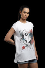 Outlaws Women Artistic Printed T Shirt - Abstract Face Graphic White Tee