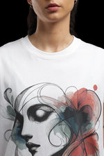 Outlaws Women Artistic Printed T Shirt - Abstract Face Graphic White Tee