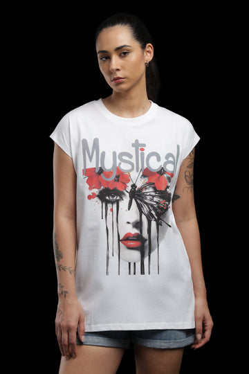 Outlaws Women Musical Graphic Printed T Shirt - Artistic Butterfly Face White Tee