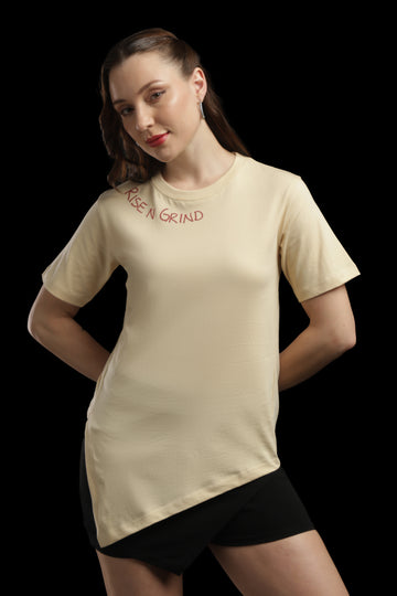Outlaws Women Rise N Grind Graphic T Shirt - Beige Asymmetrical Casual Tee