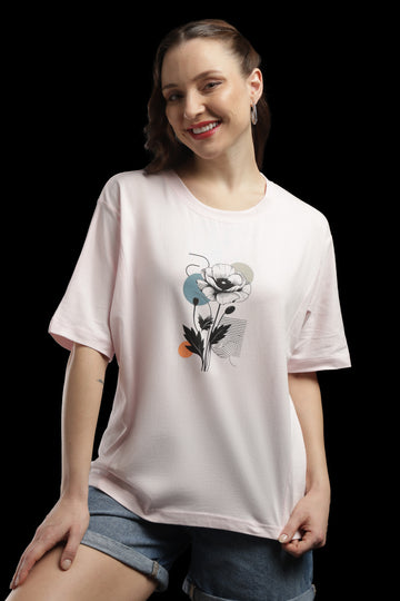 Outlaws Women Floral Print Oversized T Shirt - Light Pink Casual Tee
