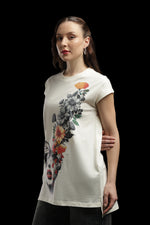 Outlaws Women Graphic Printed T Shirt - Floral Butterfly Face Art Cream Tee
