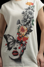 Outlaws Women Graphic Printed T Shirt - Floral Butterfly Face Art Cream Tee