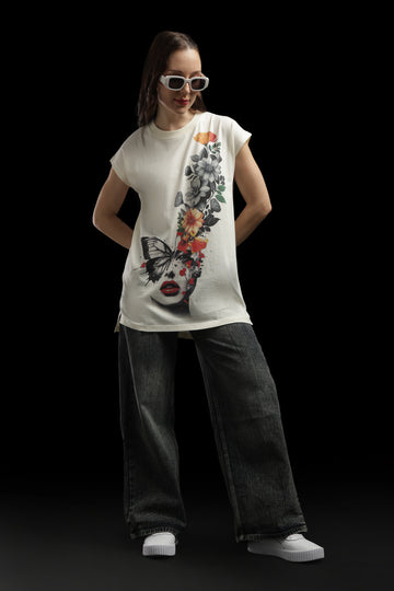 Outlaws Women Graphic Printed T Shirt - Floral Butterfly Face Art Cream Tee