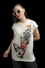 Outlaws Women Graphic Printed T Shirt - Floral Butterfly Face Art Cream Tee