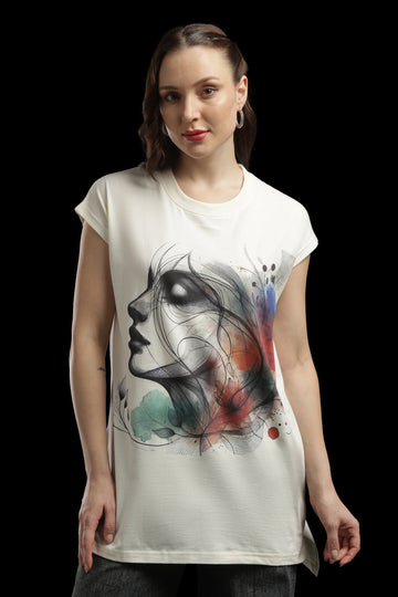Outlaws Women Artistic Graphic Printed T Shirt - Abstract Face Art Cream Tee