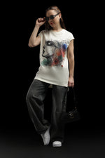 Outlaws Women Artistic Graphic Printed T Shirt - Abstract Face Art Cream Tee