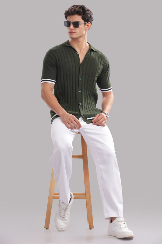 Premium Cotton Men’s Olive Green 100% Cotton Knitted Button-Down Shirt