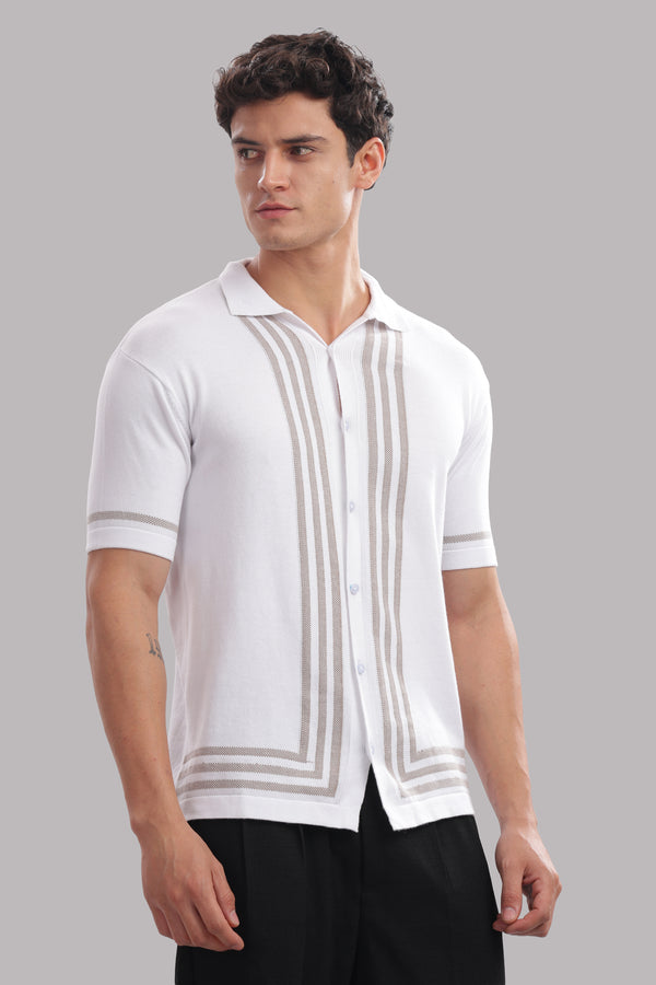 Premium Cotton Men’s White 100% Cotton Knitted Shirt | Elegant Beige Stripe Design