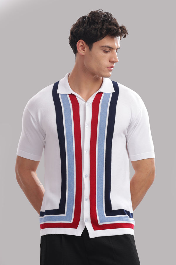 Premium Cotton Men’s White 100% Cotton Knitted Button-Down Shirt with Multicolor Stripes
