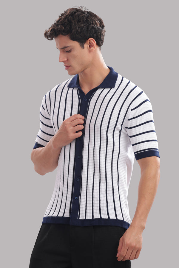 Premium Cotton Men’s 100% Cotton Striped Button-Down Polo Shirt – Navy & White