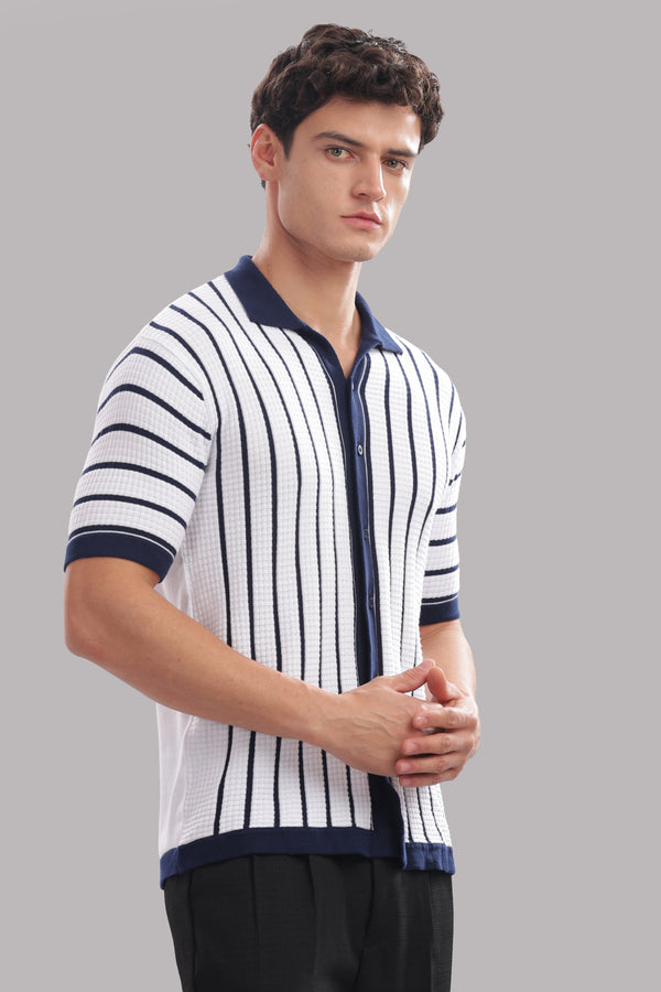 Premium Cotton Men’s 100% Cotton Striped Button-Down Polo Shirt – Navy & White