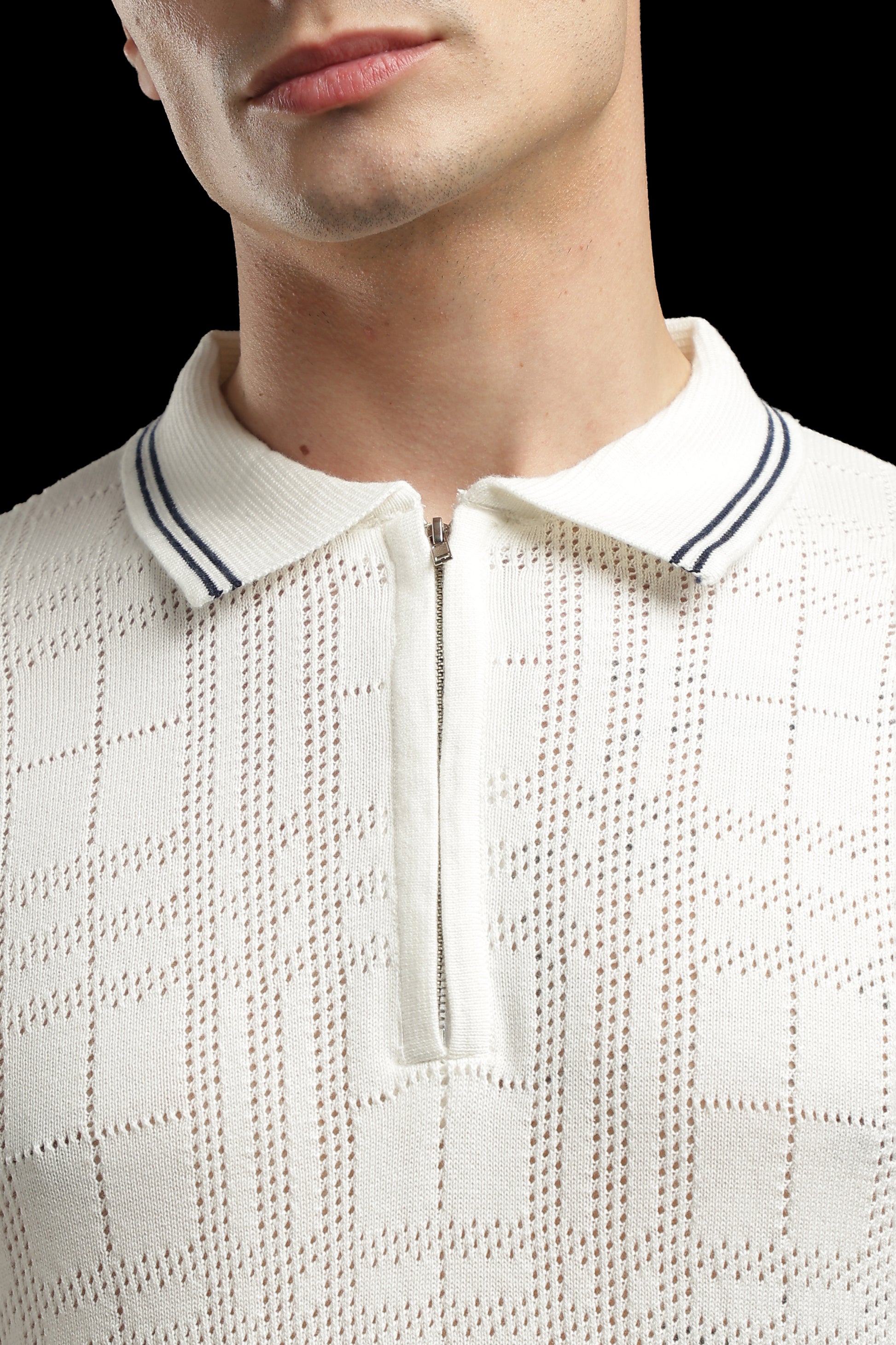 Men’s Ivory Textured Check-Knit Zip Polo T-Shirt