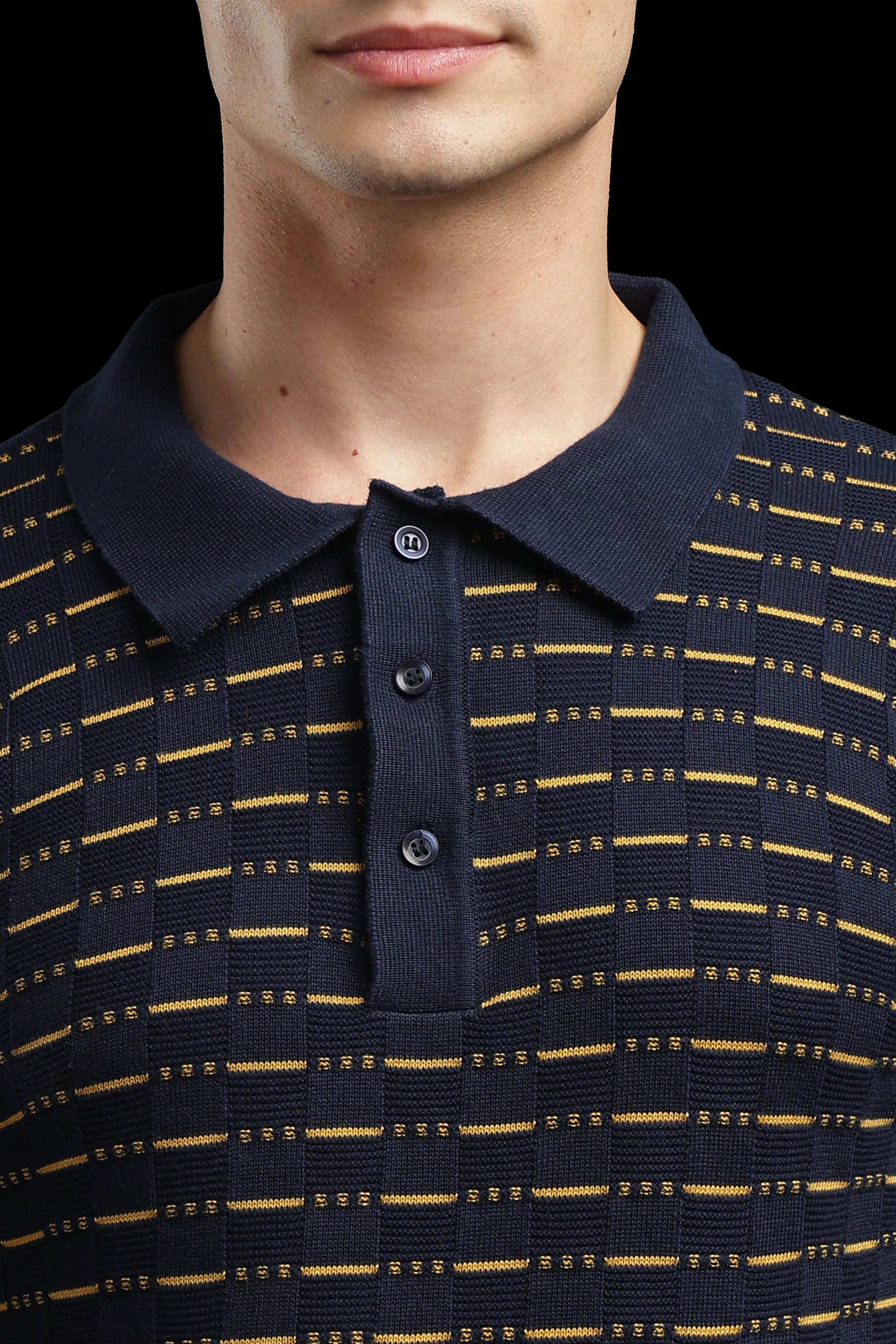 Men’s Navy Textured Knit Polo T-Shirt with Mustard Stripes