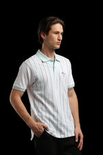 OutlawsFashion Marine Stripe White & Mint Green Polo T-Shirt for Men