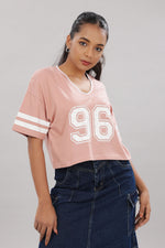 Pink cotton boxy top for women with printed design and extended sleeves, by Outlaws Fashion.