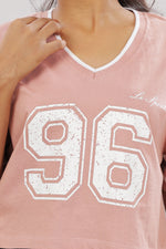 Pink cotton boxy top for women with extended sleeves, stylish printed design by Outlaws Fashion.