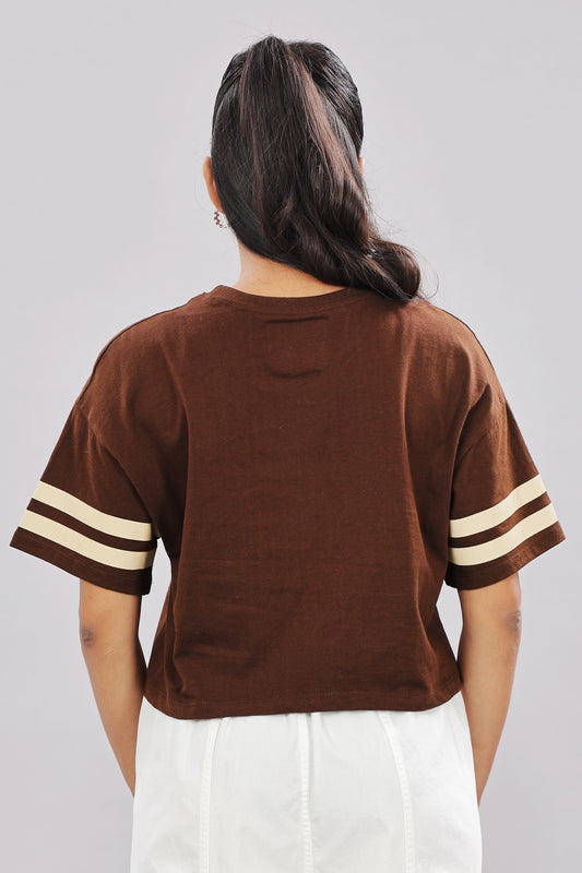 Outlaws Print Extended Sleeves Cotton Brown Boxy Top