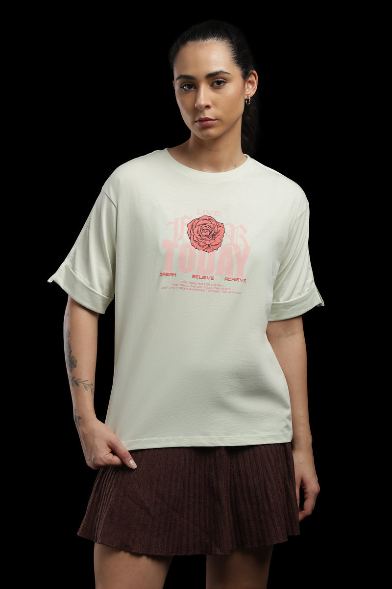 Cream Rose Print T-Shirt Women