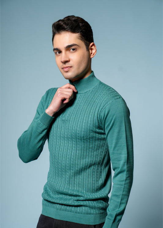 Men’s Pure Cotton Sea Green Textured Knit Sweater – Premium Comfort & Timeless Style