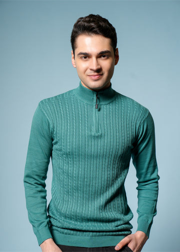 Men’s Pure Cotton Sea Green Textured Knit Sweater – Premium Comfort & Timeless Style