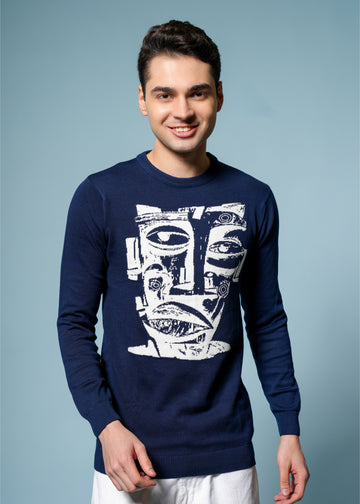 Men’s Pure Cotton Textured Graphic Sweater – Premium Comfort & Artistic Style