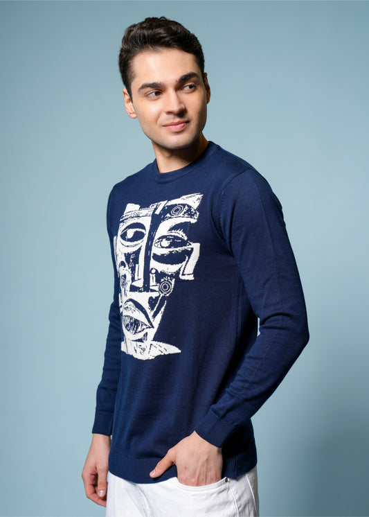 Men’s Pure Cotton Textured Graphic Sweater – Premium Comfort & Artistic Style
