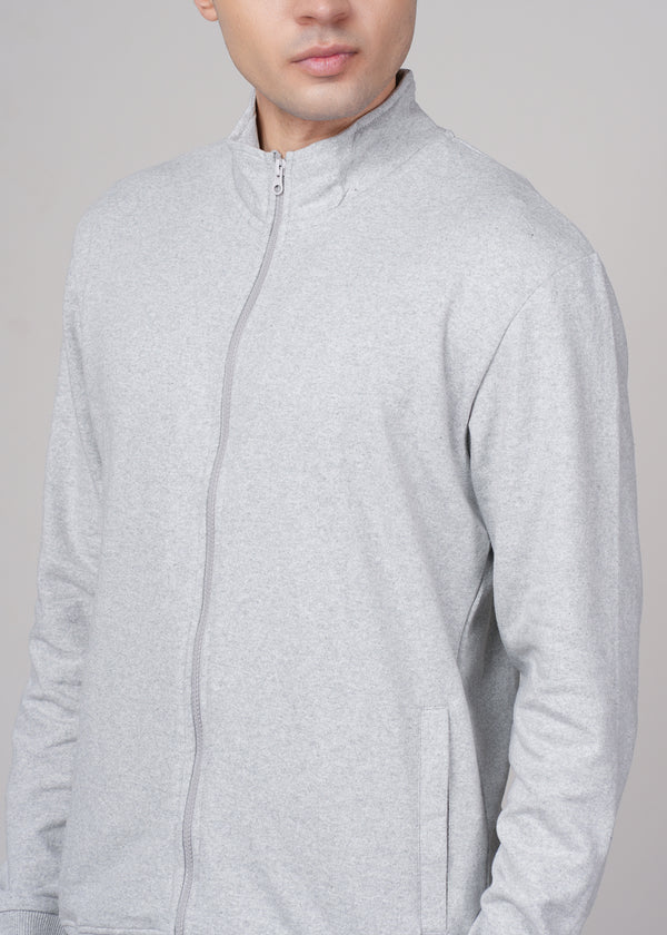 Men's grey sweat jacket by Outlaws Fashion, casual fit with hoodie and front pockets, perfect for relaxed and sporty looks.