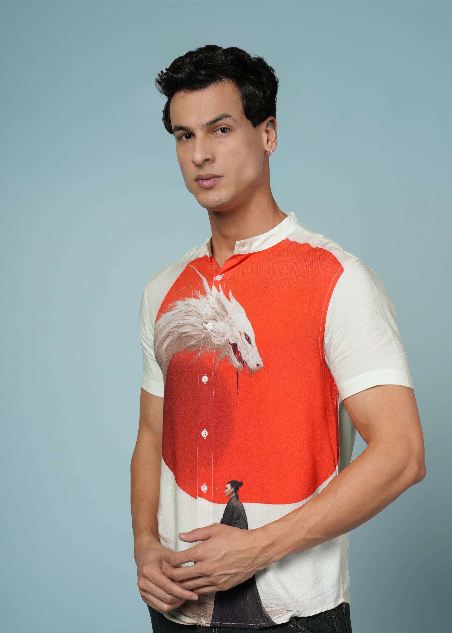 Men’s Samurai & Dragon Print Rayon Shirt – Bold Artistic Casual Wear