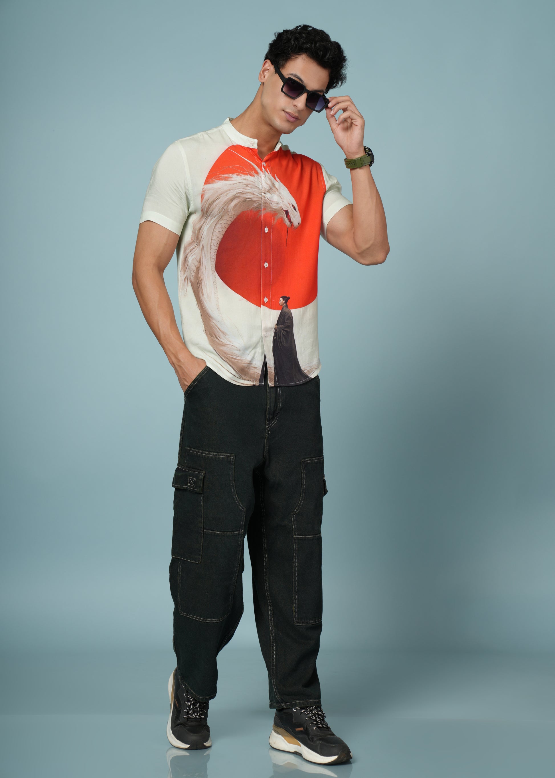 Men’s Samurai & Dragon Print Rayon Shirt – Bold Artistic Casual Wear