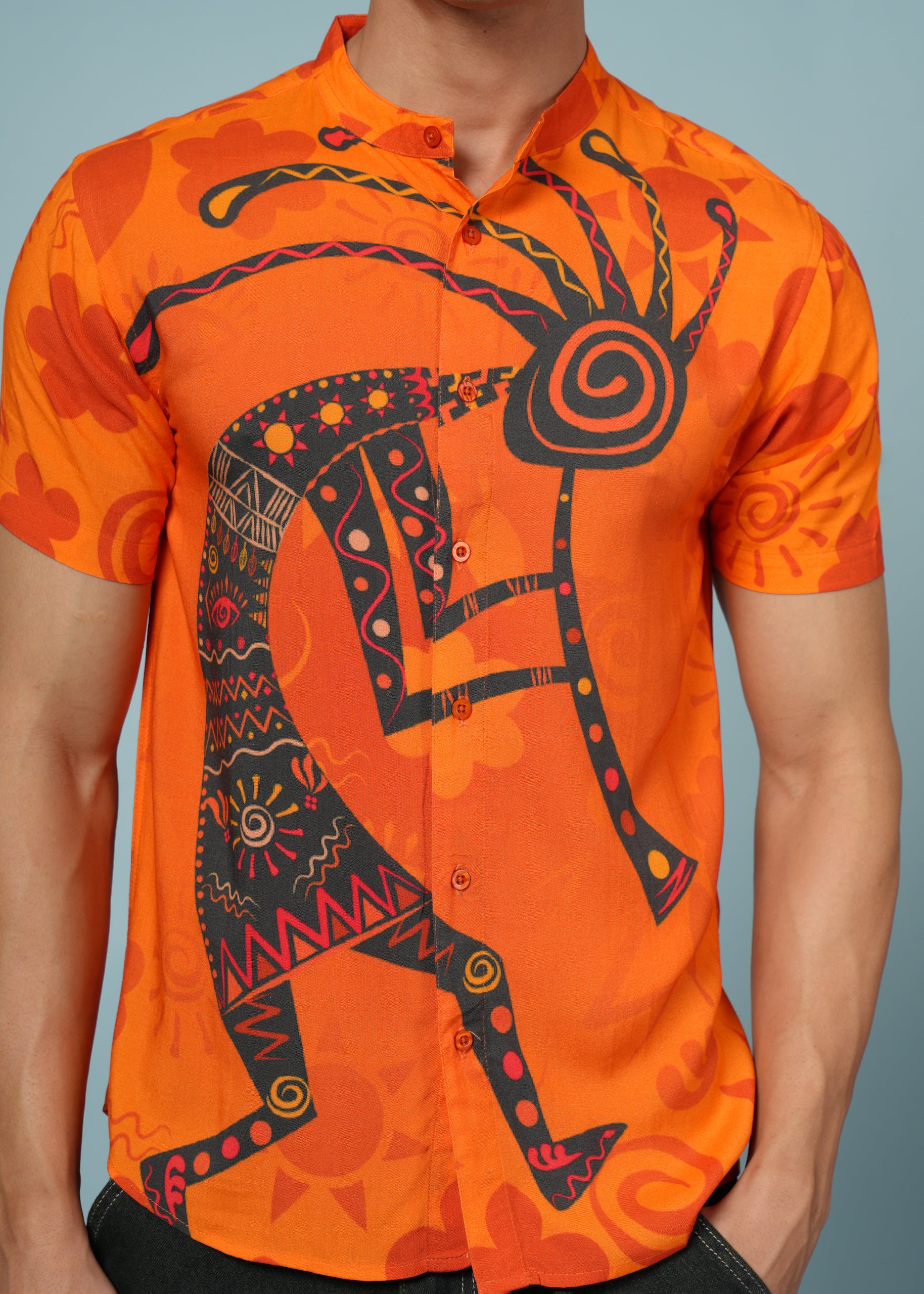Men’s Tribal Art Print Rayon Shirt – Bold & Vibrant Casual Wear