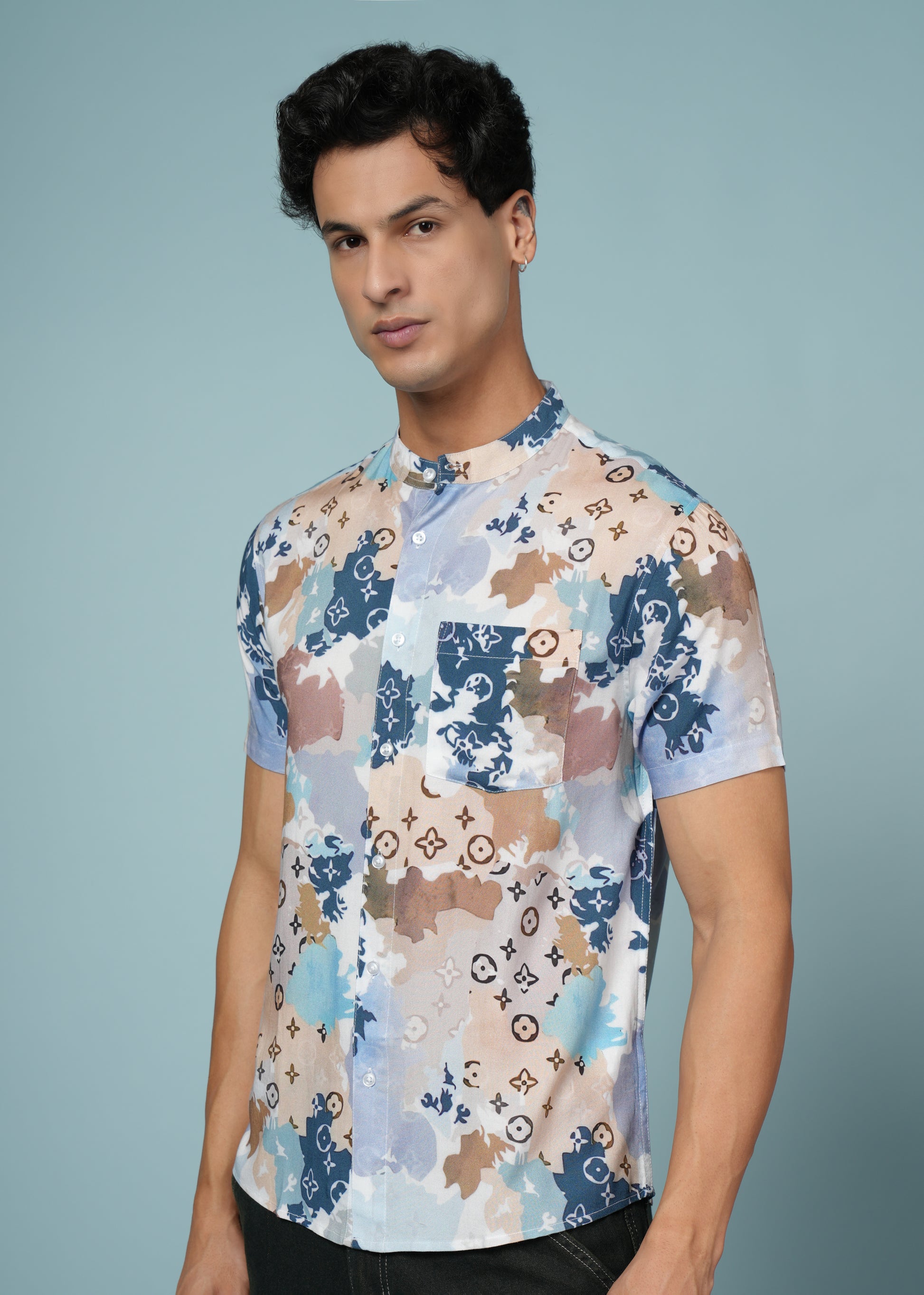 Men’s Printed Rayon Shirt with Mandarin Collar – Soft & Stylish Casual Wear