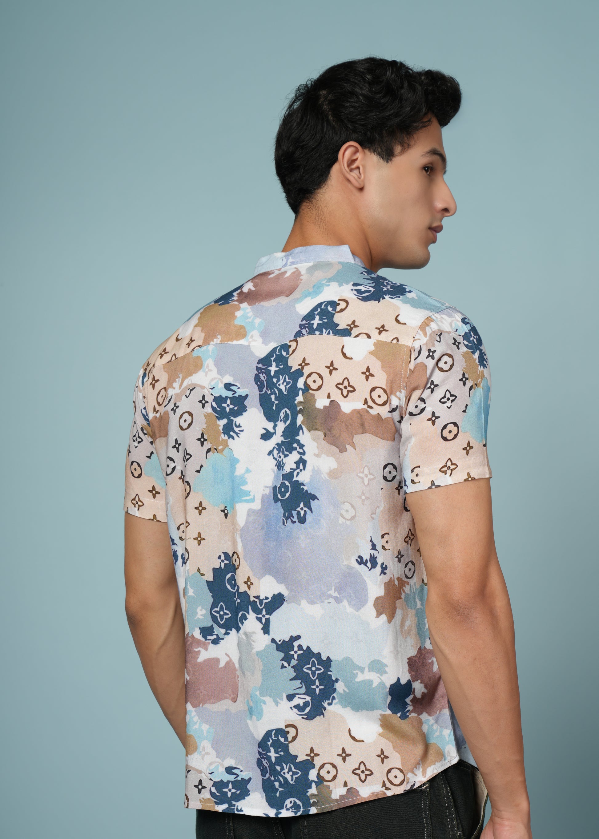 Men’s Printed Rayon Shirt with Mandarin Collar – Soft & Stylish Casual Wear