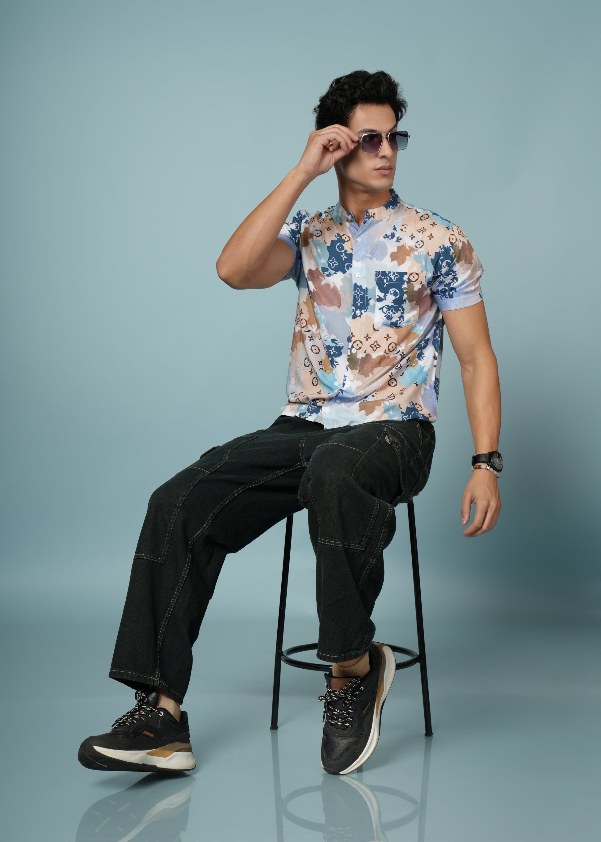 Men’s Printed Rayon Shirt with Mandarin Collar – Soft & Stylish Casual Wear