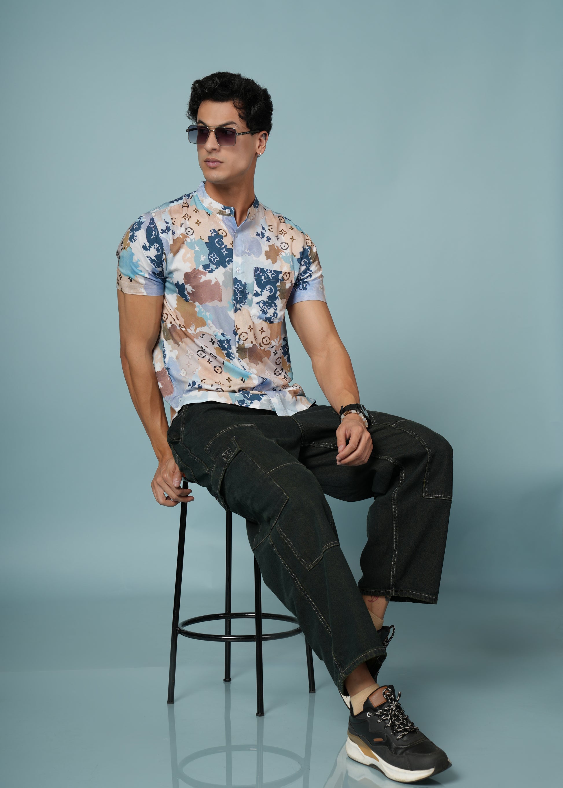 Men’s Printed Rayon Shirt with Mandarin Collar – Soft & Stylish Casual Wear