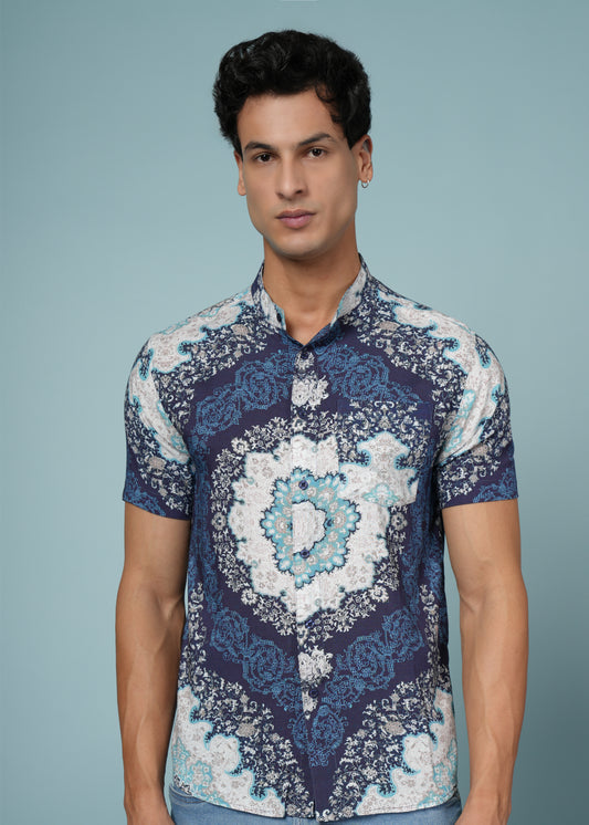Men’s Blue Printed Rayon Shirt – Soft Fabric | Stylish Casual Wear