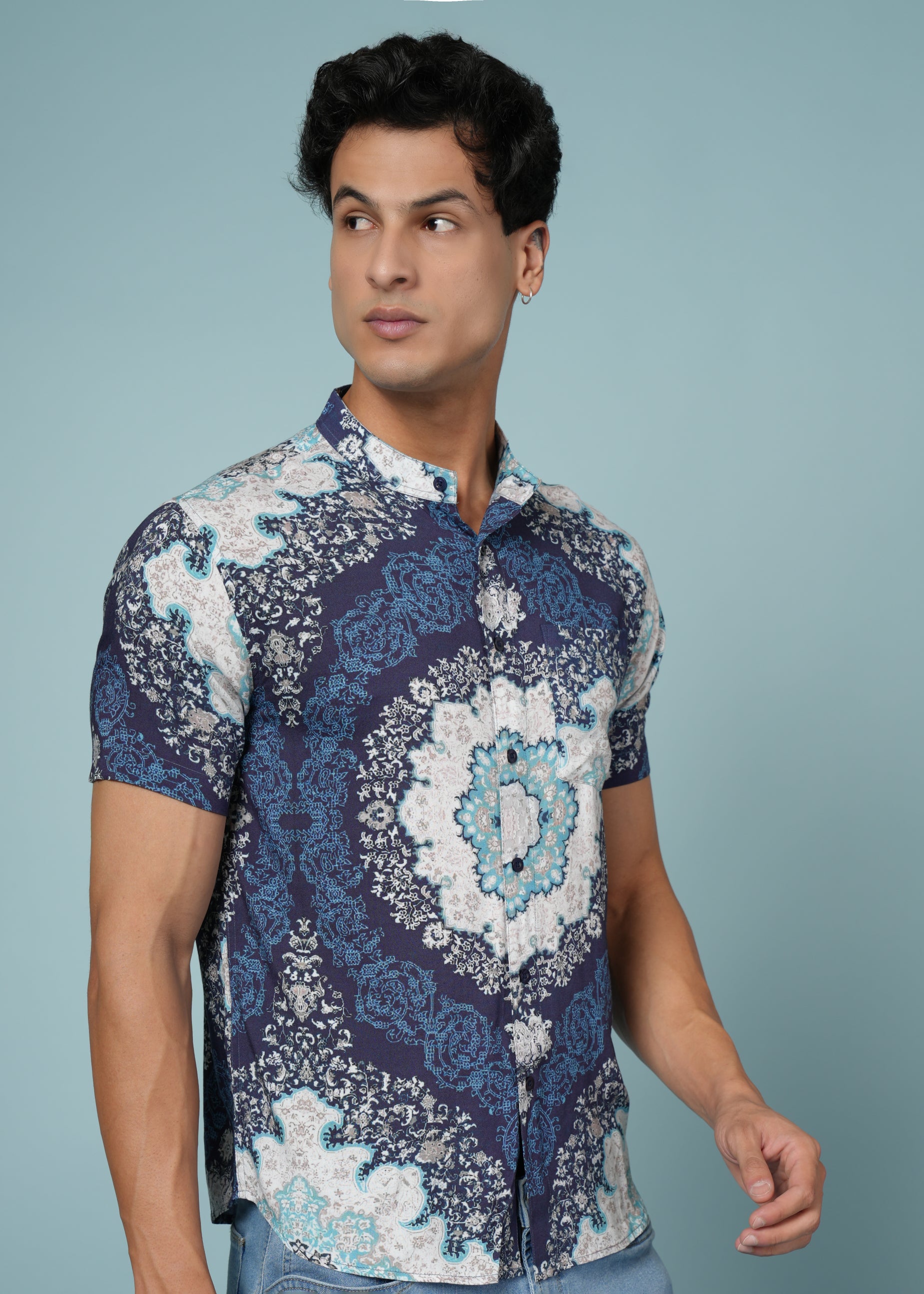 Men’s Blue Printed Rayon Shirt – Soft Fabric | Stylish Casual Wear